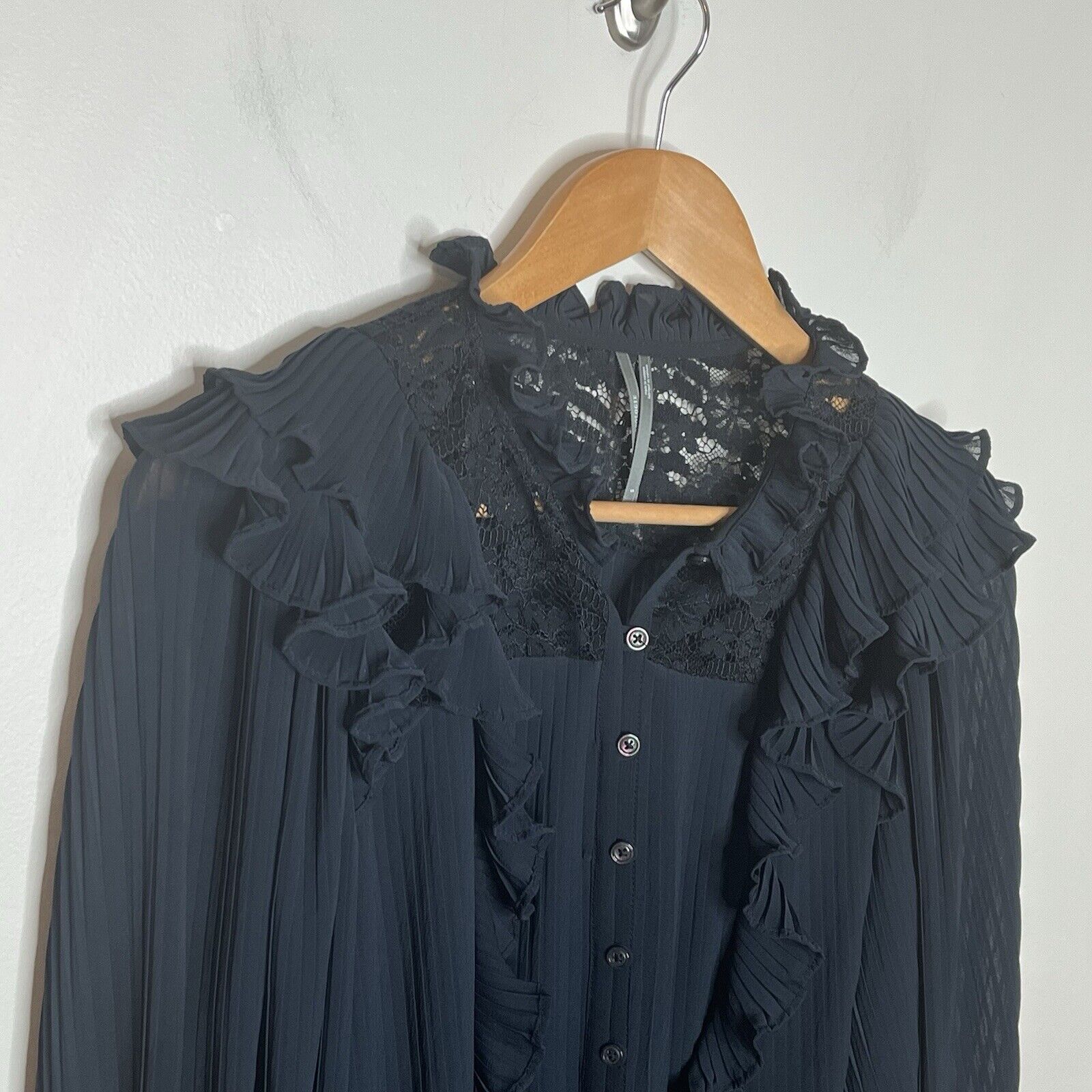 Anthropologie Ruffled Sheer Long Sleeve Blouse Black Womens S Whimsigoth — image 2 of 8